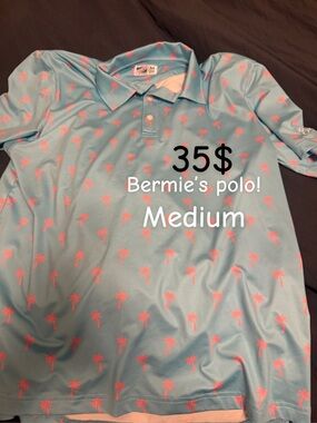 Bermie’s Men’s Short Sleeve Polo - Light Blue with Pink Palm Print - Medium